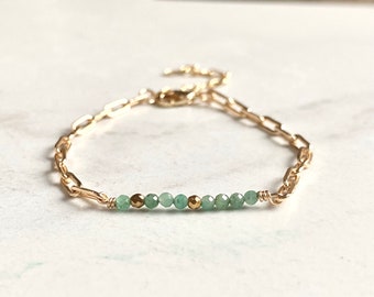 May Emerald Gemstone Bar Bracelet/Birthstone Jewelry/ Gifts for Her/ Gold Plated  Jewellery/Faceted Green Stones/ Paperclip Chain