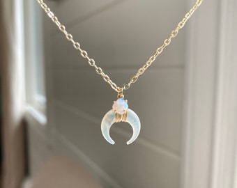 Opal Mother of Pearl Crescent Moon Necklace/ Gold Plated Gemstone Shell Pendant Charm Jewellery/ Jewelry Gifts for Her