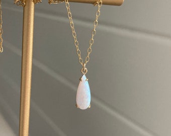 Opal Teardrop Necklace/ Gemstone Charm Jewelry/ Gold Filled Chain/ elongated pendant/ gifts for her/ Valentine minimalist October birthstone