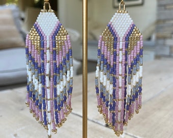 Beaded Fringe Earrings/ Seed delica tassel earrings/ long boho statement jewellery/ dangle drop jewelry/ gifts for her/ pink purple gold