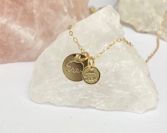 Mama & Baby Bear Necklace/ gold plated hand stamped coin disc charm/ personalized Mother’s Day mom daughter/ gifts for her/ delicate chain