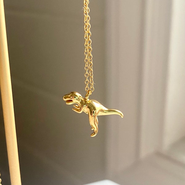 T-Rex Charm Necklace/ Gold Plated Dinosaur pendant/ shiny tyrannosaurus jewelry/ unique gifts for her/ Dino jewellery/ Christmas present