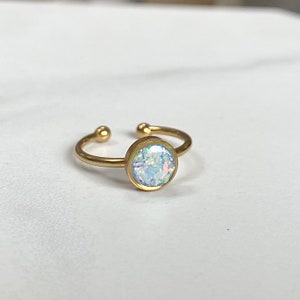 Opal Ring 6mm bezel/ Adjustable Gold Stainless Steel/ lab created opal gemstone/ pink blue green white jewelry gifts for her/ Blue