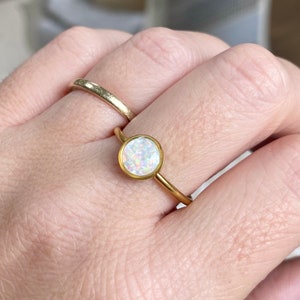 Opal Ring 6mm bezel/ Adjustable Gold Stainless Steel/ lab created opal gemstone/ pink blue green white jewelry gifts for her/ image 9
