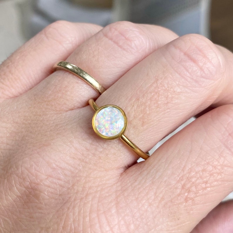 Opal Ring 6mm bezel/ Adjustable Gold Stainless Steel/ lab created opal gemstone/ pink blue green white jewelry gifts for her/ image 9