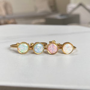 Opal Ring 6mm bezel/ Adjustable Gold Stainless Steel/ lab created opal gemstone/ pink blue green white jewelry gifts for her/ image 2