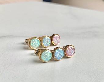 Opal Studs/ Gold Plated Stainless Steel Bezel Set Gems/ Lab created mint blue pink gemstone earrings/ dainty minimalist gifts for her