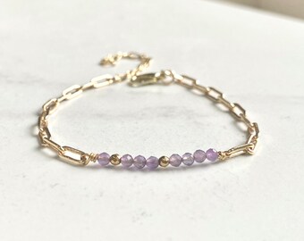 February Amethyst Gemstone Bar Bracelet/Birthstone Jewelry/ Gifts for Her/ Gold Plated  Jewellery/Faceted Purple Stones/ Paperclip Chain