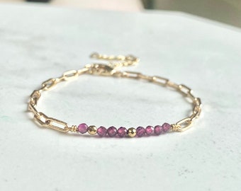 January Garnet Gemstone Bar Bracelet/Birthstone Jewelry/ Gifts for Her/ Gold Plated  Jewellery/Faceted Red Burgundy Stones/ Paperclip Chain