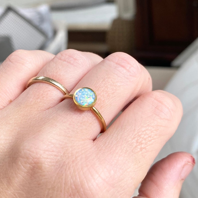 Opal Ring 6mm bezel/ Adjustable Gold Stainless Steel/ lab created opal gemstone/ pink blue green white jewelry gifts for her/ image 10