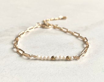 June Pearl Bar Bracelet/Birthstone Jewelry/ Gifts for Her/ Gold Plated  Jewellery/Faceted Hematite Stones/ Paperclip Chain