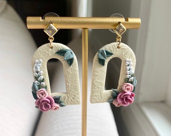 Floral Polymer Clay Earrings/ Flower Jewelry/ Cream Pink White Green Window Arch Cubic Zirconia Posts/ Gold Plated CZ/ Gifts for Her