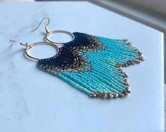 Beaded Fringe Earrings/ seed bead/ long boho statement jewelry/ black blue gold jewellery/ gifts for her/hoop circle