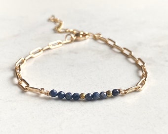 September Sapphire Gemstone Bar Bracelet/Birthstone Jewelry/ Gifts for Her/ Gold Plated  Jewellery/Faceted Blue Stones/ Paperclip Chain