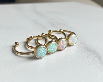 Opal Ring 6mm bezel/ Adjustable Gold Stainless Steel/ lab created opal gemstone/ pink blue green white jewelry gifts for her/