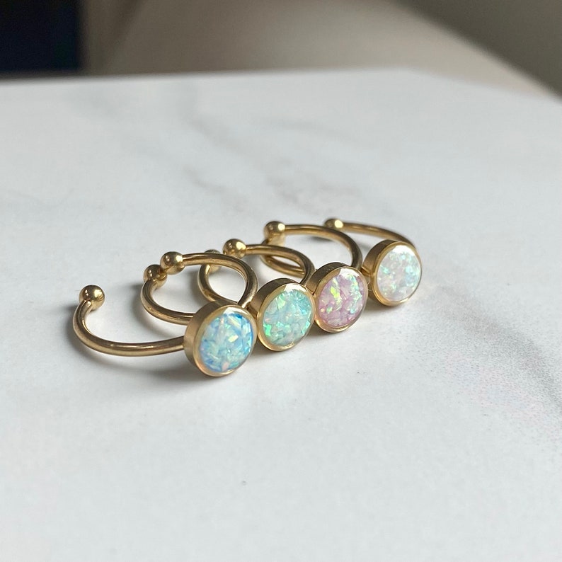 Opal Ring 6mm bezel/ Adjustable Gold Stainless Steel/ lab created opal gemstone/ pink blue green white jewelry gifts for her/ image 1