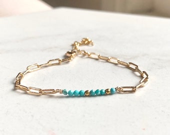 December Turquoise Gemstone Bar Bracelet/Birthstone Jewelry/ Gifts for Her/ Gold Plated  Jewellery/Faceted Blue Green Stones/ Paperclip