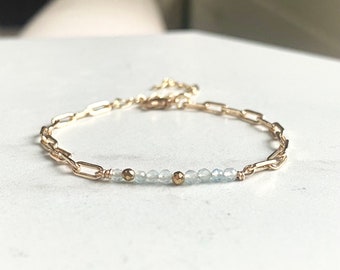 March Aquamarine Gemstone Bar Bracelet/Birthstone Jewelry/ Gifts for Her/ Gold Plated  Jewellery/Faceted Blue Stones/ Paperclip Chain