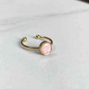 Opal Ring 6mm bezel/ Adjustable Gold Stainless Steel/ lab created opal gemstone/ pink blue green white jewelry gifts for her/ Pink