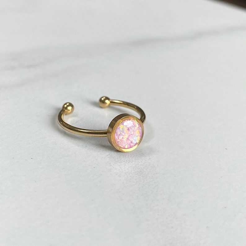 Opal Ring 6mm bezel/ Adjustable Gold Stainless Steel/ lab created opal gemstone/ pink blue green white jewelry gifts for her/ Pink