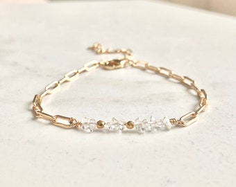 April Herkimer Diamond Gemstone Bar Bracelet/Birthstone Jewelry/ Gifts for Her/ Gold Plated  Jewellery/Faceted Stones/ Paperclip Chain