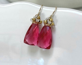 Pink Quartz Cluster Earrings/ fuschia Gemstone hematite faceted gem dangle earrings/ gold filled wire wrapped jewelry/ gifts for her