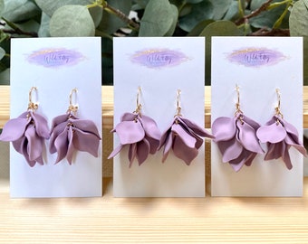 Petal Polymer Clay Earrings/ sculpted floral gold hoop jewellery/ huggie jewelry/ gold plated brass/ dangle drop purple pink blue gifts