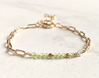 August Peridot Gemstone Bar Bracelet/Birthstone Jewelry/ Gifts for Her/ Gold Plated  Jewellery/Faceted Lime Green Stones/ Paperclip Chain