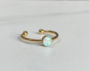 Opal Adjustable Ring/ Gold Stainless Steel Jewelry/ lab created gemstone bezel/ pink white mint green October birthstone/ gifts for her 4mm