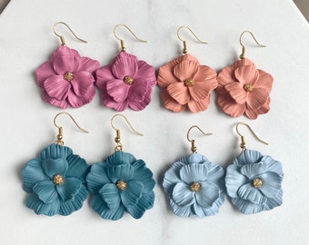 Floral Polymer Clay Dangle Earrings/ Flower Jewelry/ Gold plated teal blue pink orange jewellery/ autumn fall gifts for her