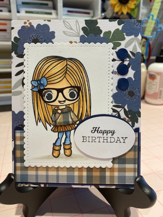 Hand Colored Birthday Greeting Card Girl with Glasses Happy Birthday Card Happy Birthday