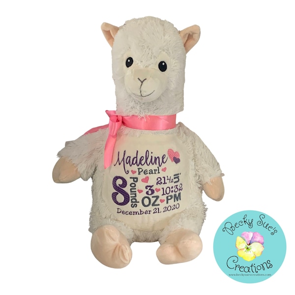 Personalized stuffed animal Llama embroidered birth announcement stuffed animal handmade embroidered outdoor baby shower gift idea
