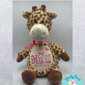 Personalized stuffed animal, giraffe birth announcement stuffed animal, handmade, embroidered, jungle, safari theme baby shower gift idea image 1