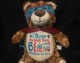 Personalized stuffed animal baby announcement birth announcement stuffed animal baby gift  monogrammed baby gift superhero plush bear