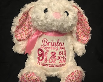 personalized stuffed animal bunny, baby announcement plush animal, birth announcement stuffed animal, baby gift, baby shower gift