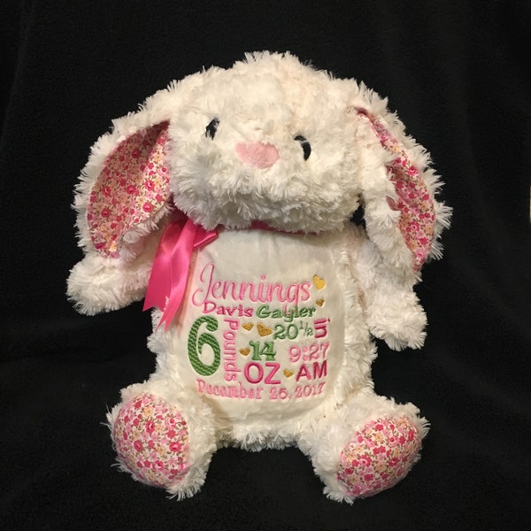 Personalized stuffed animal, birth announcement stuffed animal bunny rabbit, birth stats, baby shower gift idea, woodland nursery theme