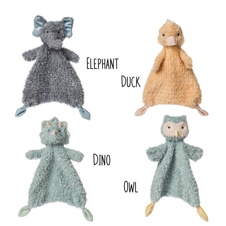 May include: Four plush baby security blankets in the shape of animals: an elephant, a duck, a dinosaur, and an owl. The elephant is gray, the duck is tan, the dinosaur is teal, and the owl is teal and cream. Each has a soft, textured body.