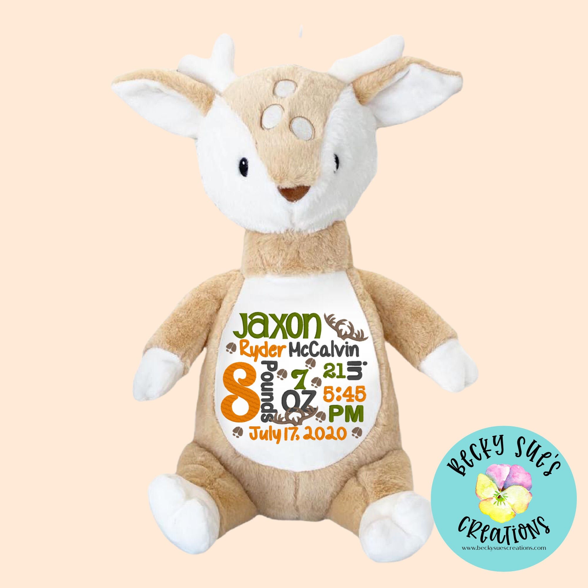Personalized stuffed animal, deer birth announcement stuffed animal, …