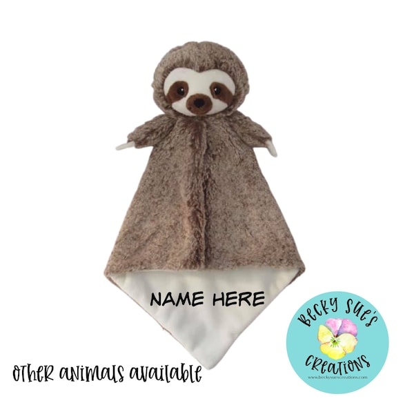 Personalized sloth lovey blanket, Baby Gift for boy or girl, Security Blanket, Animal Lovey, Baby Shower Gift, Soother Blankie