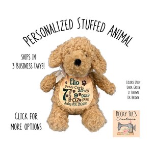 Personalized stuffed animal Labradoodle pup, embroidered birth announcement, puppy or dog baby shower gift idea, personalized embroidery