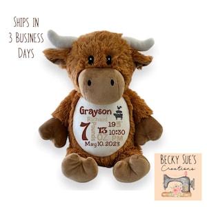 Personalized stuffed animal highland cow, embroidered birth announcement, embroidered farm baby shower gift idea