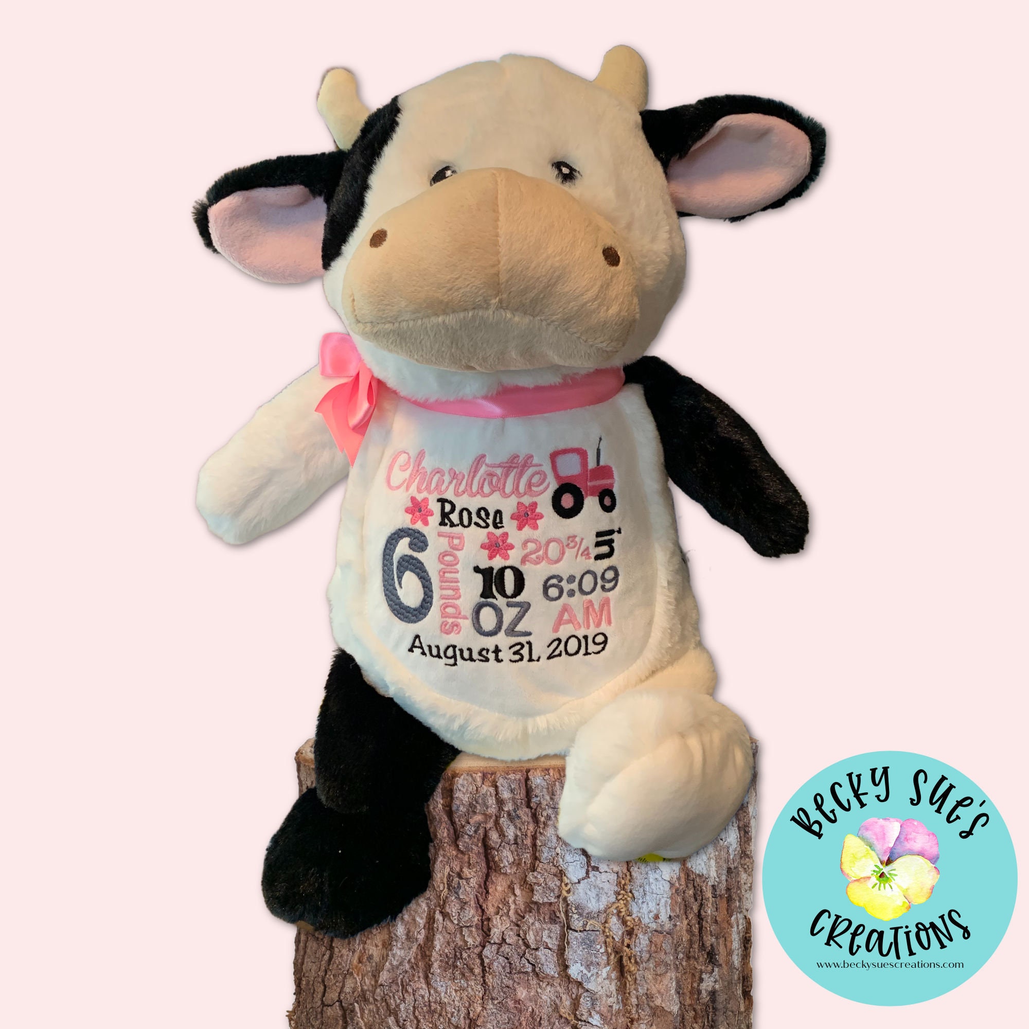 Personalized stuffed animal cow embroidered birth announcement stuffed animal handmade embroidered farm baby shower gift idea