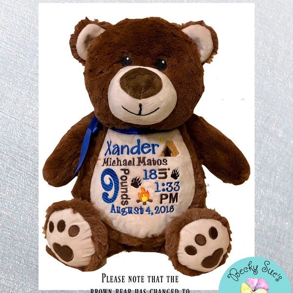 Personalized stuffed animal teddy bear embroidered birth announcement stuffed animal handmade embroidered outdoor baby shower gift idea