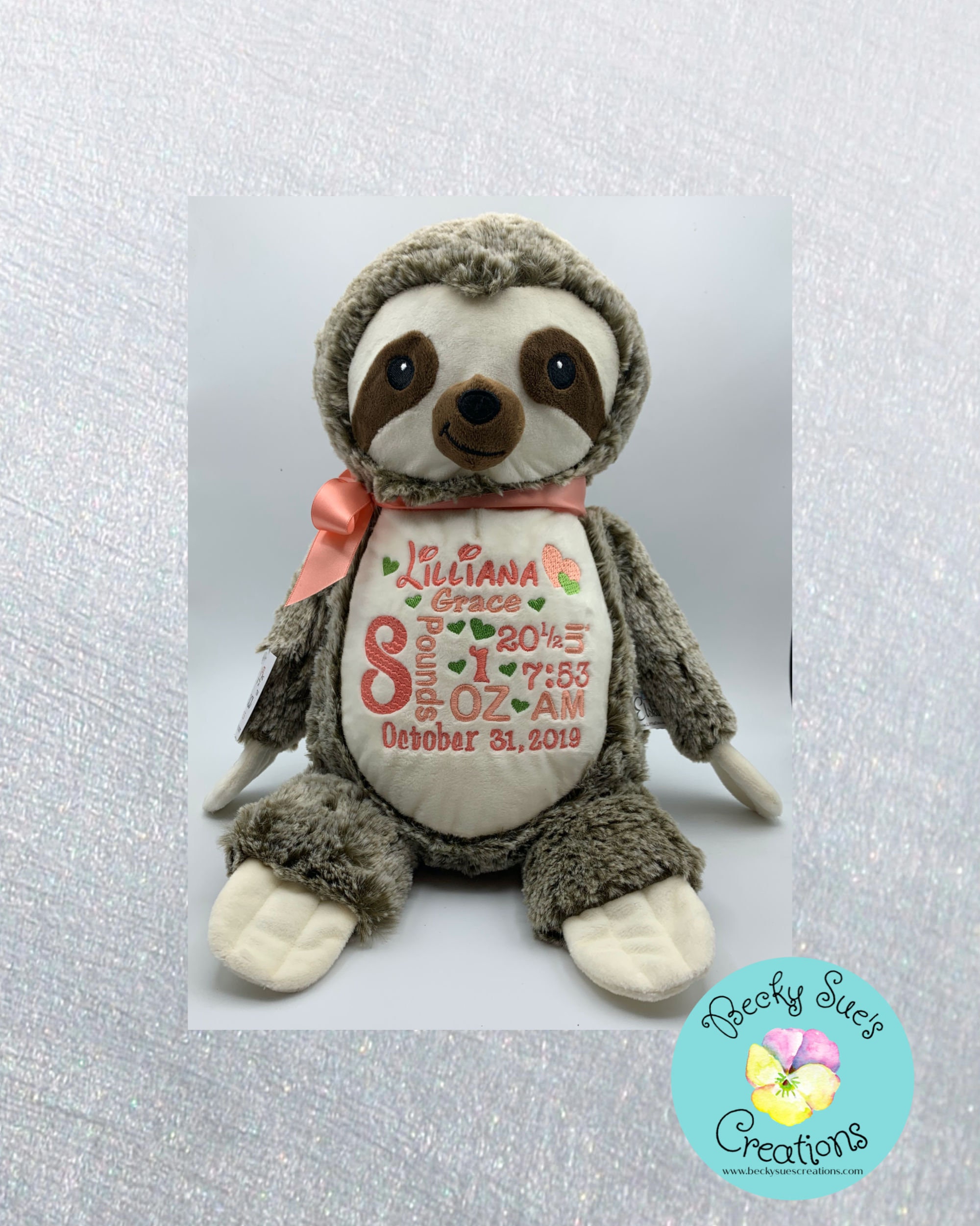 Personalized stuffed animal, sloth birth announcement stuffed animal,…