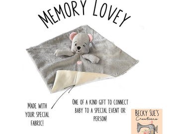 Memory lovey blanket made from wedding gown, bridesmaid dress or family member's clothing. Special gift for baby shower, newborn homecoming.
