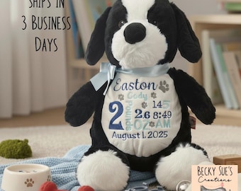 Personalized stuffed animal puppy, embroidered birth announcement, embroidered puppy baby shower gift idea