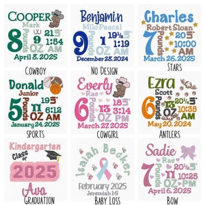 nine different baby names and birth dates, each with unique designs and text. The names include "Cooper", "Mark", "Donald", "Benjamin", "Milo", "Pascal", "EVERLY", "Rae", "Scott", "Antlers", "Saddie", "Isah", "Ava", and "Graduation". The birth dates range from April 8, 2005, to April 26, 2023, and the designs vary from a cowboy motif to a sports theme.