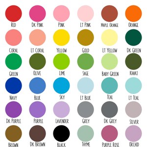 Op de afbeelding: Een kleurenkaart met 36 ronde kleurstalen. Onder elke staal staat de naam van de kleur. De kleuren omvatten rood, roze, geel, groen, blauw, paars, bruin en zwart, met diverse tinten.