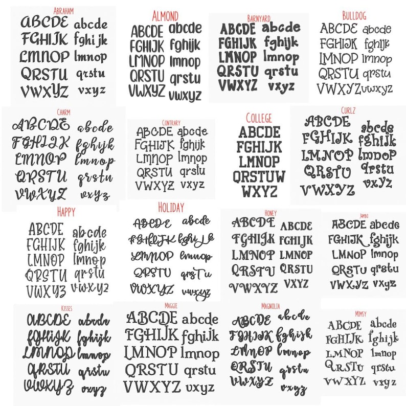 Pu&ograve; includere: Una collezione di caratteri neri, ognuno con uno stile diverso. I caratteri mostrano alfabeti maiuscoli e minuscoli, con nomi come "Abraham", "Almond" e "Barnyard". Ideale per progetti di grafica.