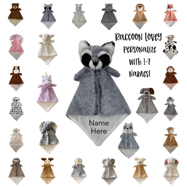 Personalized Baby Gift, Baby Animal Lovey Blanket, Raccoon Soother Blanket, Gift for Baby, Baby Shower Gift, New Baby Gift, Woodland Decor